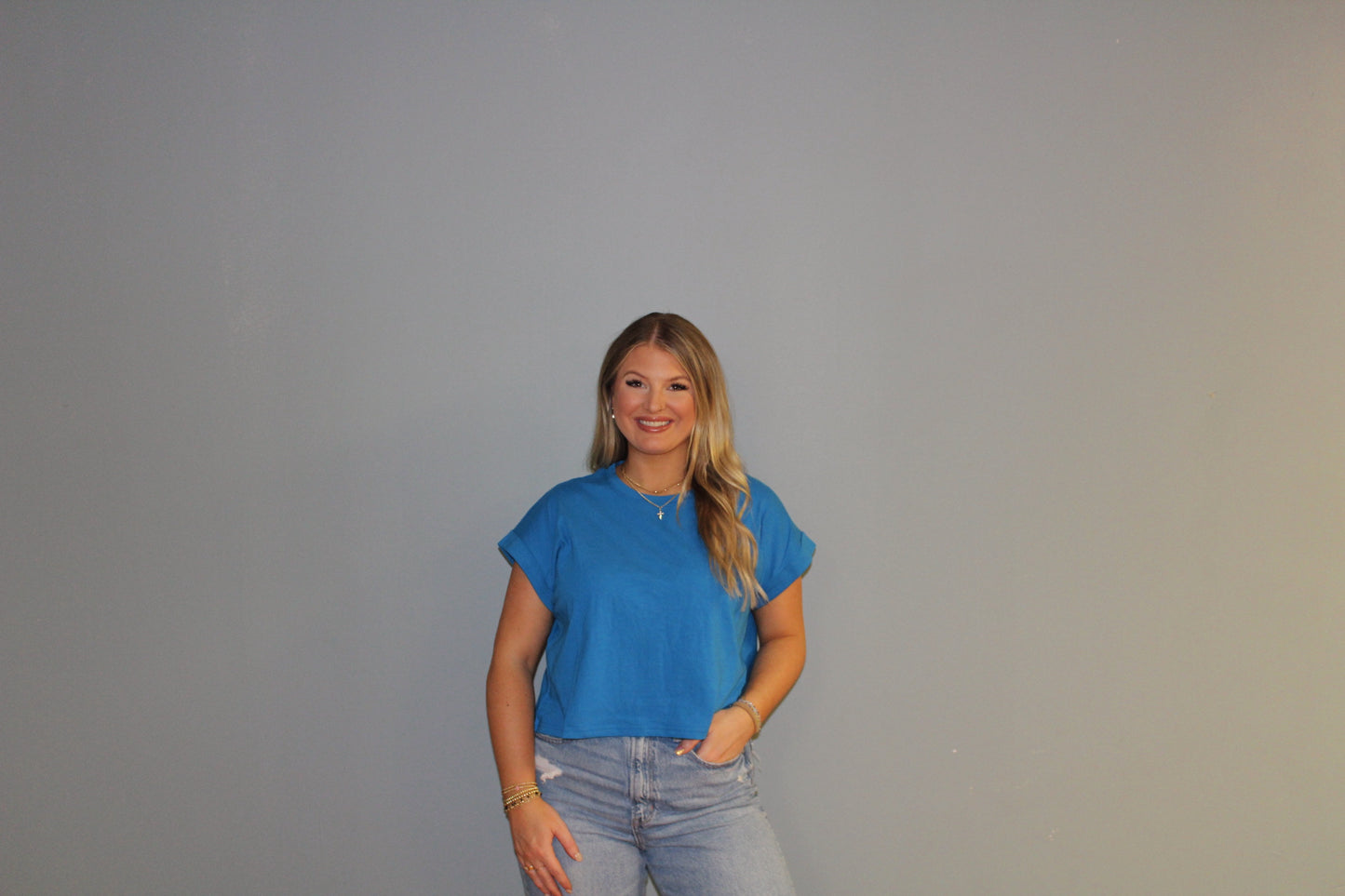 Blue Cuff Sleeve Crop Top