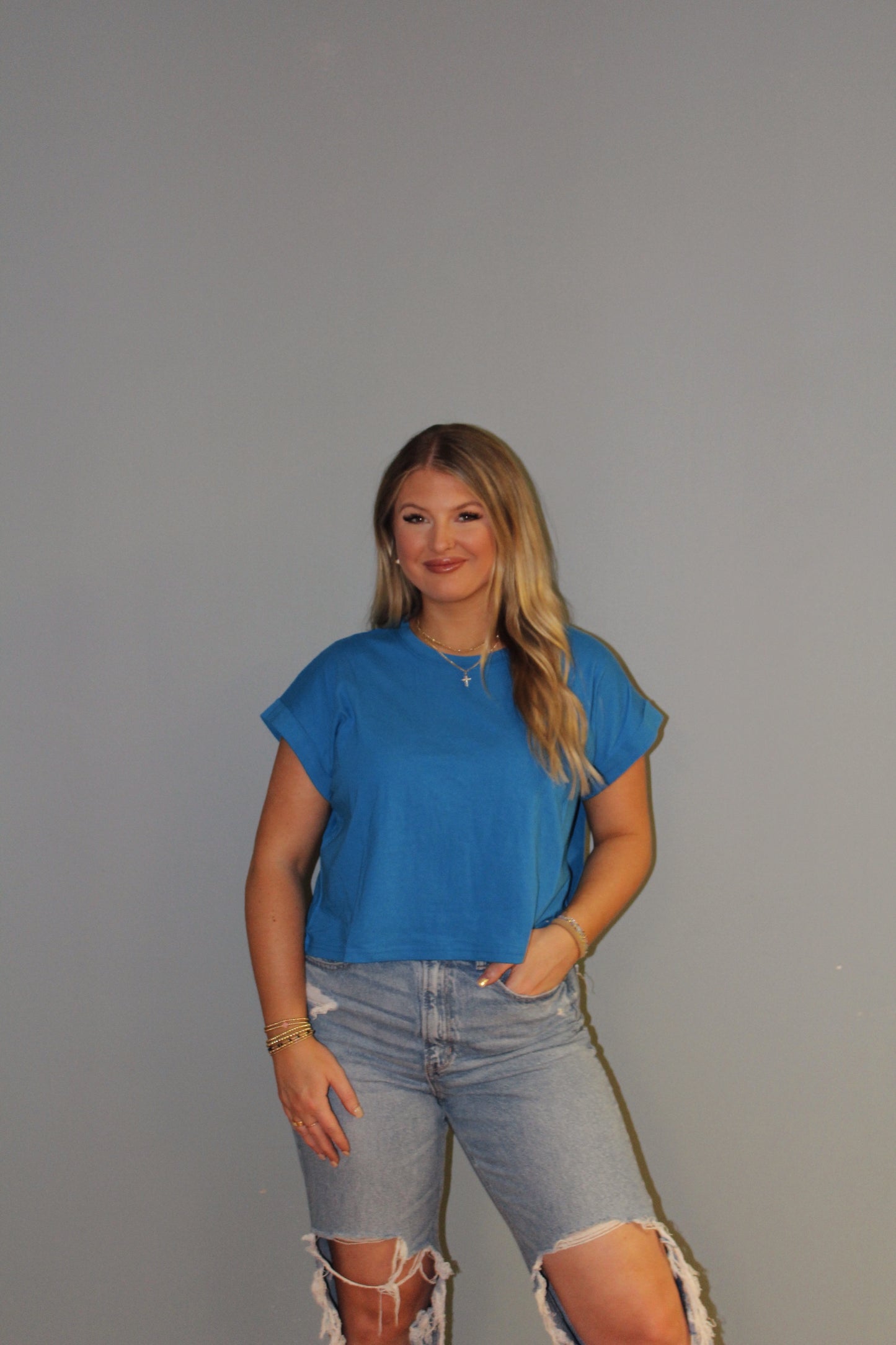 Blue Cuff Sleeve Crop Top