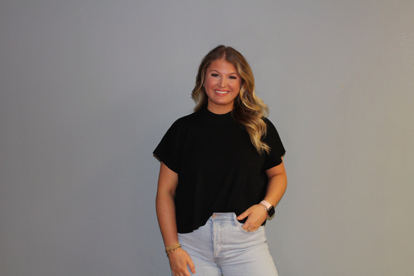 Black Mock Neck Ribbed Top