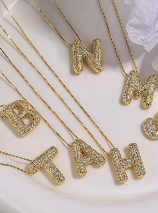 Gold Rhinestone Bubble Letter Necklace